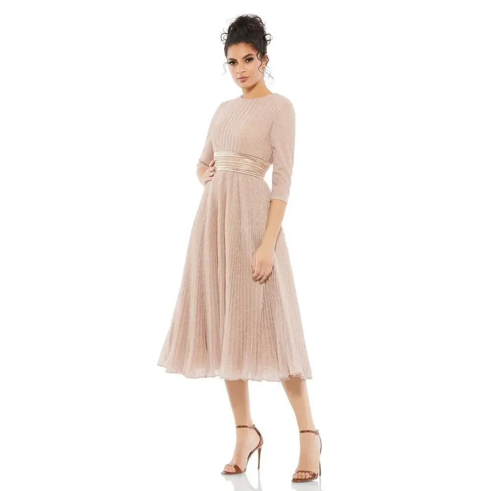 Mac Duggal 30750 Dress Shimmering 3/4 Sleeve Pleated A-Line Midi Rose Gold NWT 0